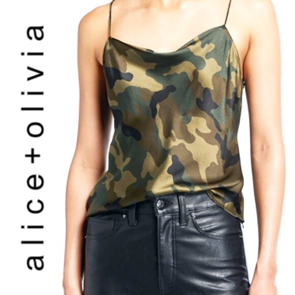 Alice + Olivia Harmon Top Camo Cami Drape Slip Tank Cowl Neck Camisole Green S - Picture 4 of 14